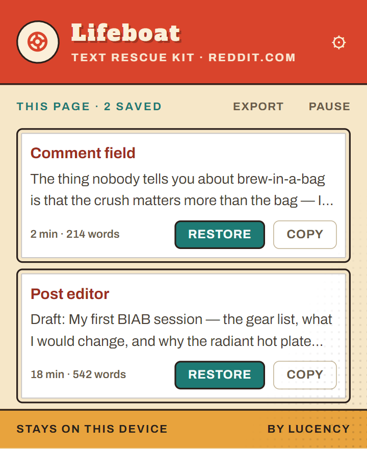 The Lifeboat popup listing the text it has saved from this page