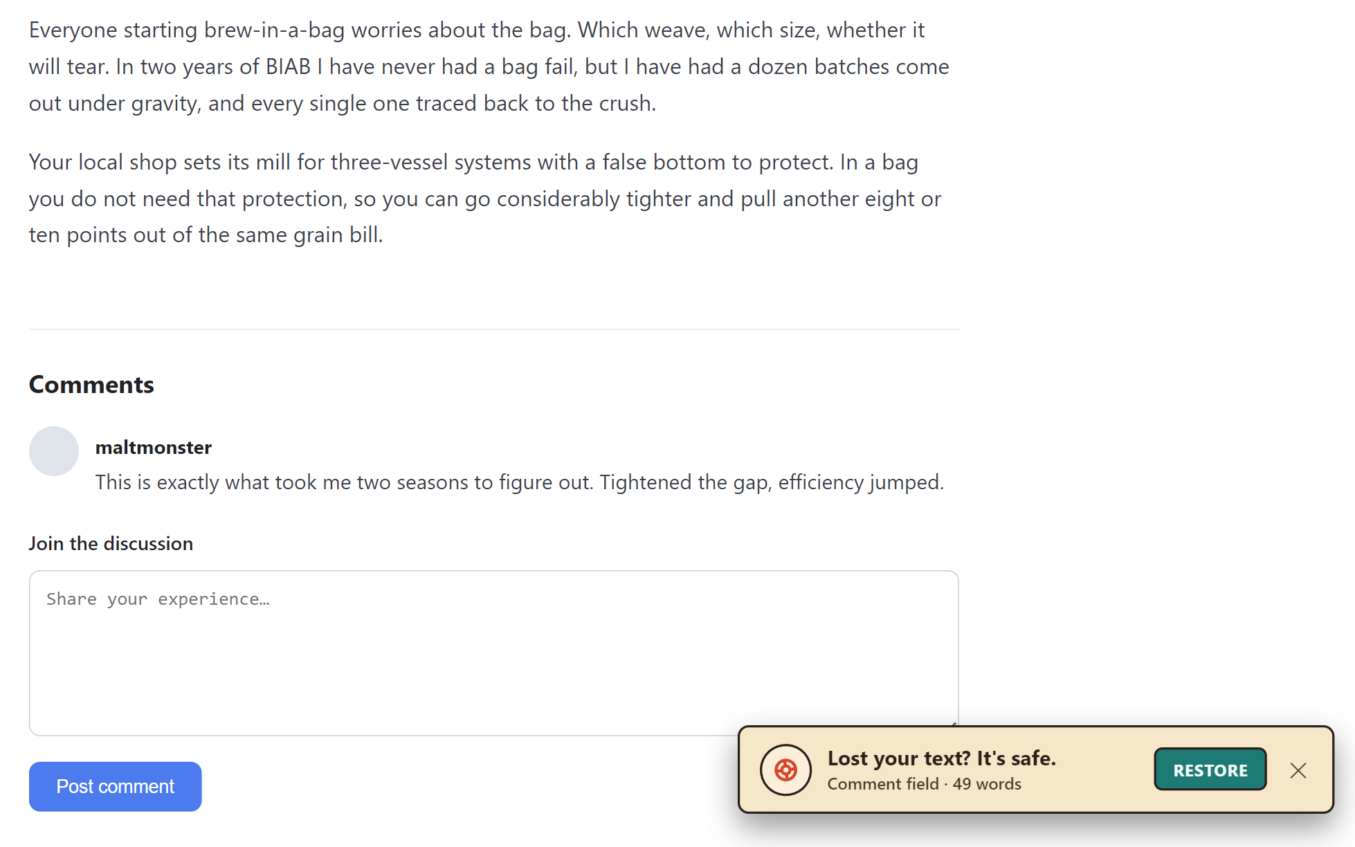 A comment box emptied by a page reload, with Lifeboat's rescue chip offering to restore the text